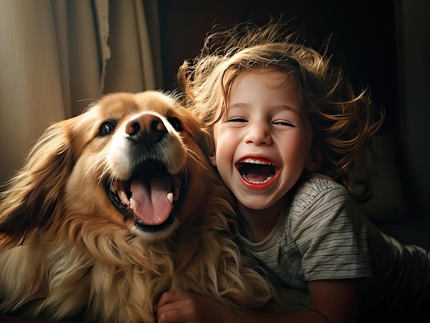 家で犬と大声で笑っている少年