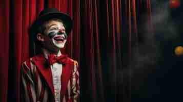 Photo boy laughing with clown paint on his face while a curtain dark red and gray