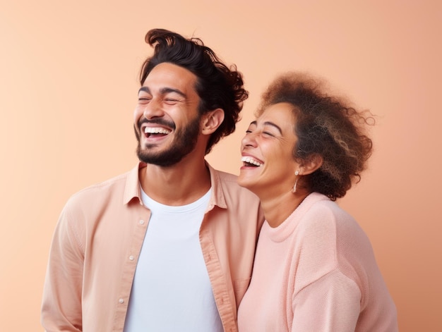 Boy laughing with her Mother on Mother's day wearing peach shirt on peach background