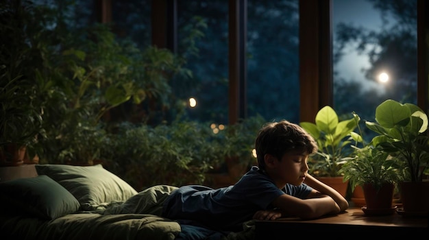 a boy laying on a bed next to a window with plants on it