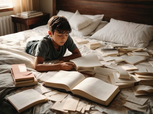 a boy laying on a bed with a pile of books on it