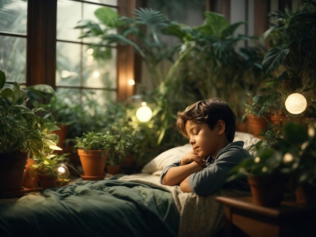 a boy laying in bed with plants and lights on the windowsill