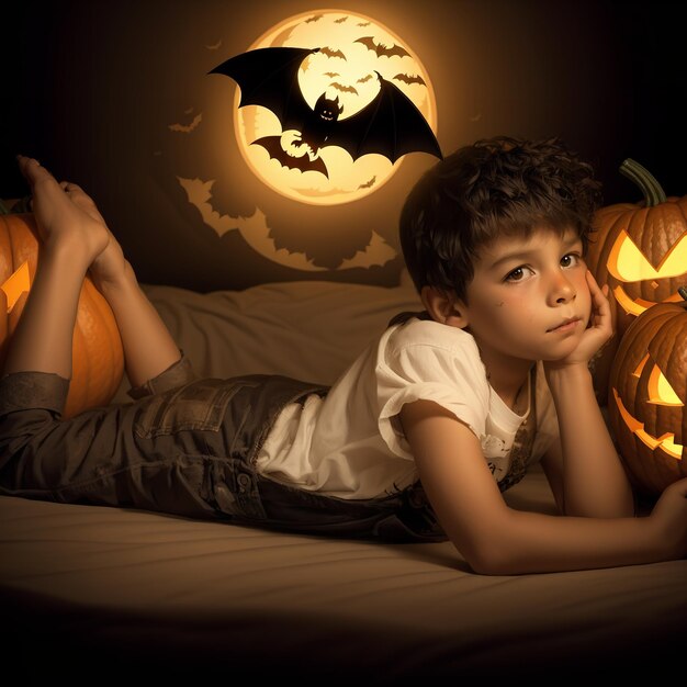 a boy laying on a bed with pumpkins on his head.