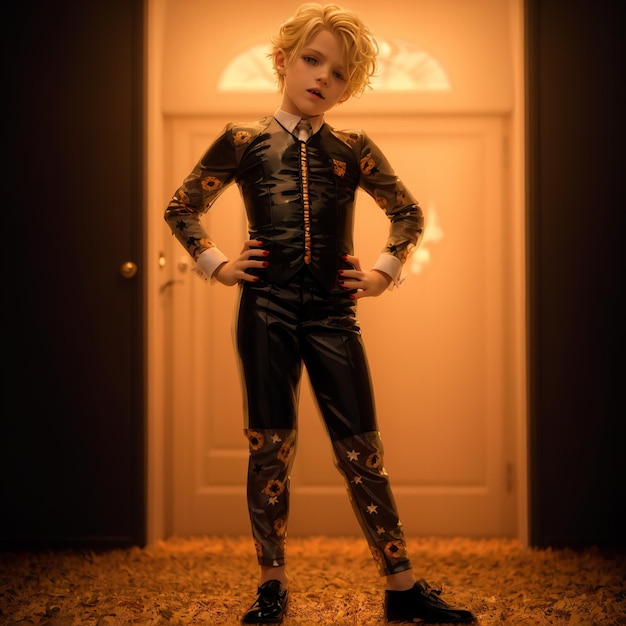 a boy in a leather suit stands in front of a door with a sign that says quot he's wearing quot