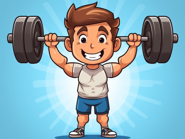 a boy lifts a barbell with his arms.