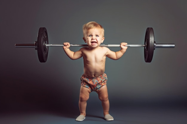 Boy lifts heavy weight barbell Generative AI