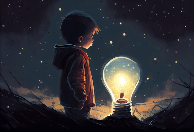 星のある夜空を背景に地面に半分埋もれた大きな電球を見ている少年 Generate Ai