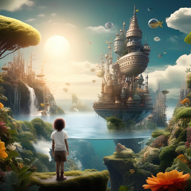 a boy looking at a castle in the sky