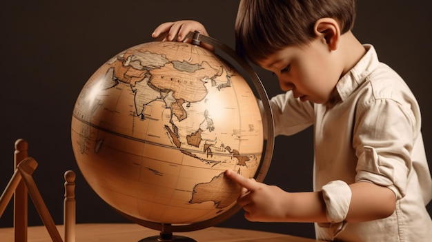 A boy looking at a globe with the word malaysia on it