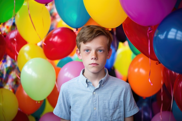 Boy looking gloomy surrounded by colourful balloons