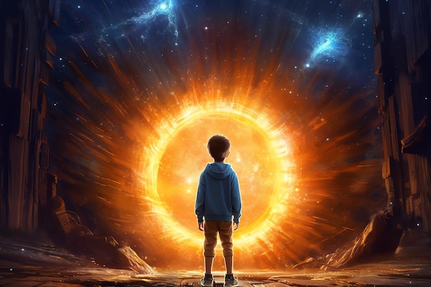 A boy looking at a magical glowing portal