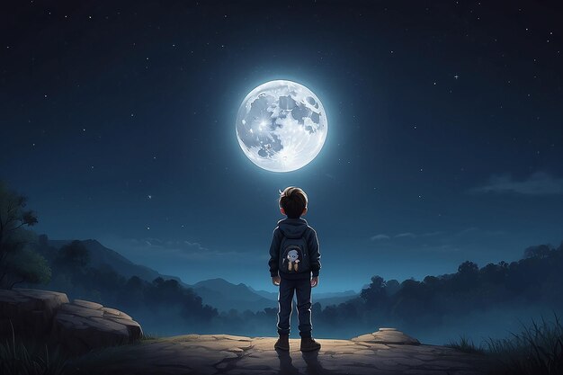 A boy looking at the moon in the night