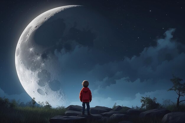 A boy looking at the moon in the night