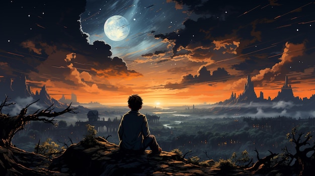 夜の星空を眺める少年