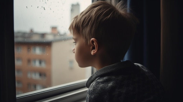 Мальчик смотрит в окно, вид сзади