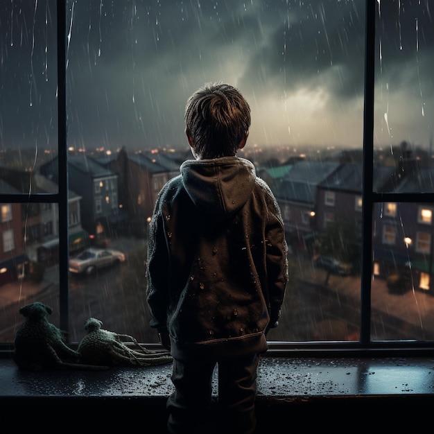 a boy looking out a window with rain falling on his jacket.