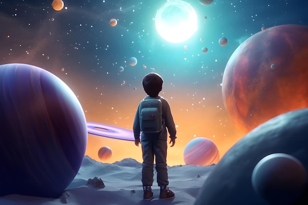 A boy looking at planets in space