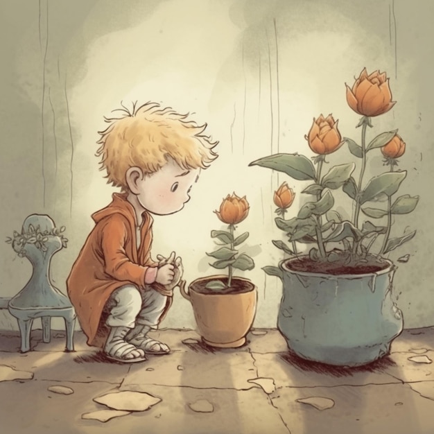 A boy looking at a plant in a pot that says " the word " on it.