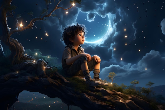 Photo boy looking at the sky at night cartoon story