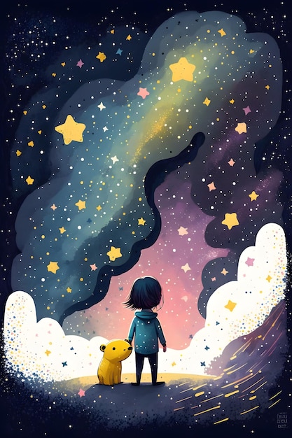 Мальчик смотрит на звездное небо с желтой звездой на нем