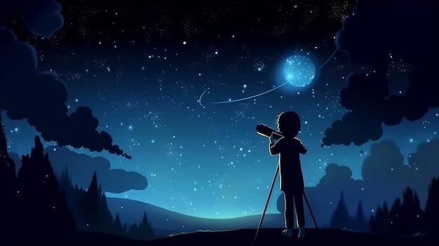 A boy looking at the stars and the moon