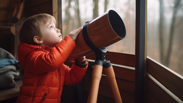 望遠鏡で空を見ている少年