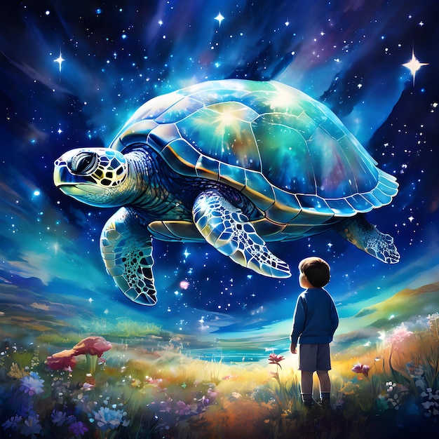 Photo a boy looking at a turtle that is on a field