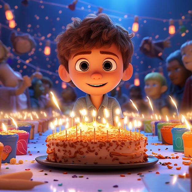 A boy looks at a cake with the number 2 on it.