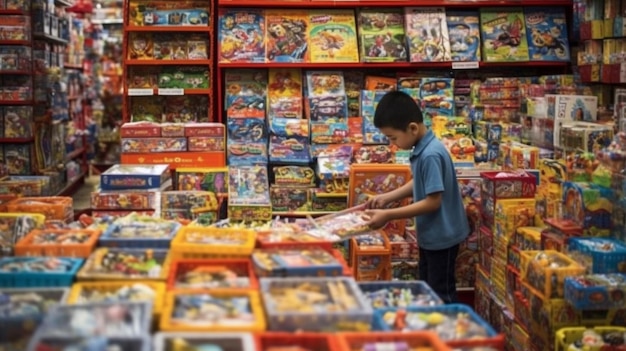 A boy looks at a display of toys in a store.