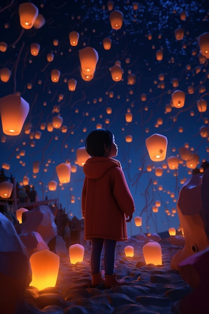 A boy looks at a lantern at night