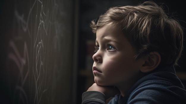 A boy looks out of a window at night.