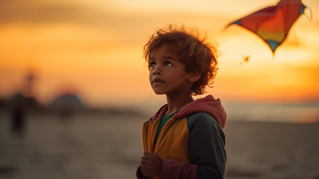 少年が浜辺で夕日を眺める