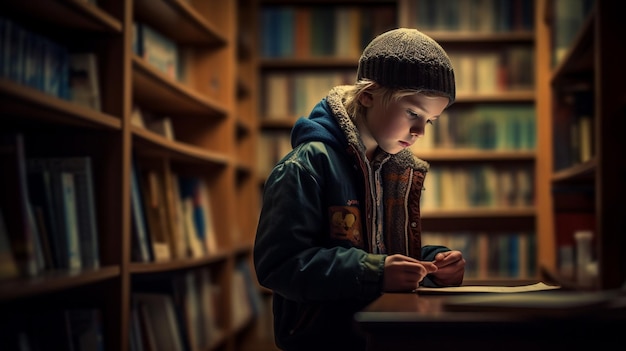 A boy looks at a tablet in a library