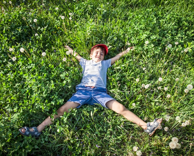 草の上に横たわっている少年