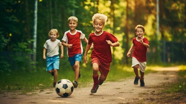 A boy in maroon shorts played soccer with his friends