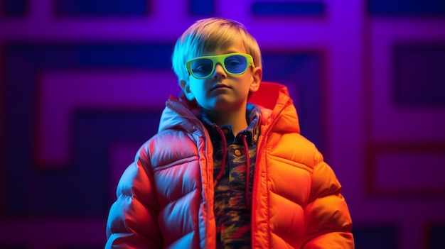 A boy model wearing a colorful jacket with stands in front of a neon background