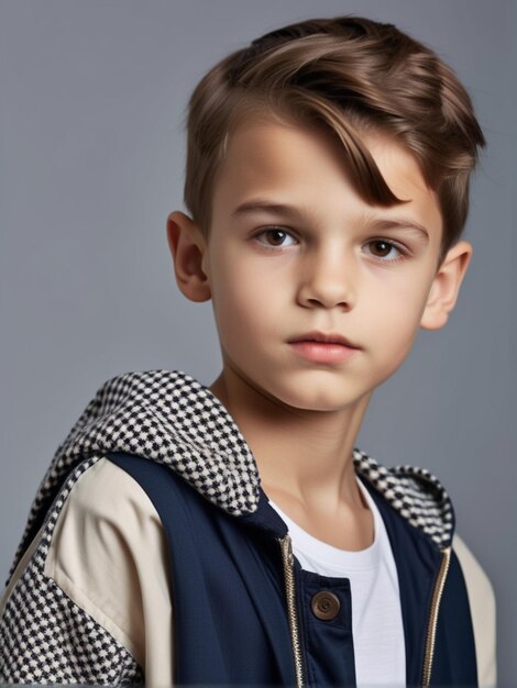 Мальчик-модель с модным нарядом и причёской