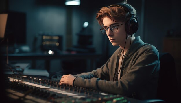 A boy in a music studio handsome music producer 3d generative AI