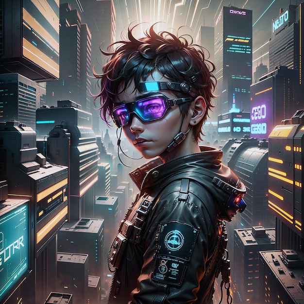 Foto un ragazzo in un paesaggio urbano cyberpunk illuminato al neon