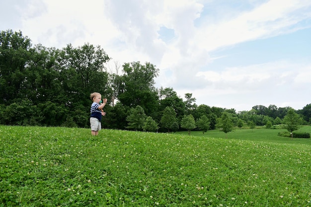 写真 空に逆らった草原の少年