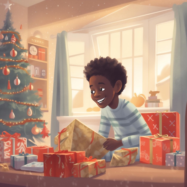 A boy opening presents in front of a christmas tree