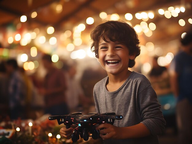 A boy operating a little drone grinning and maneuvering near digital native gen alpha poor concept