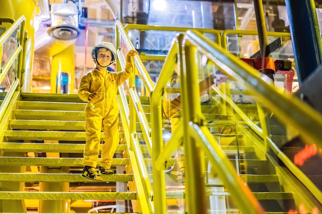 Мальчик-оператор записывает операции по добыче нефти и газа на нефтяной и буровой установках на шельфе нефти и газа