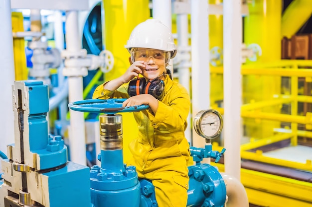 Boy operator recording operation of oil and gas process at oil and rig plant offshore oil and gas