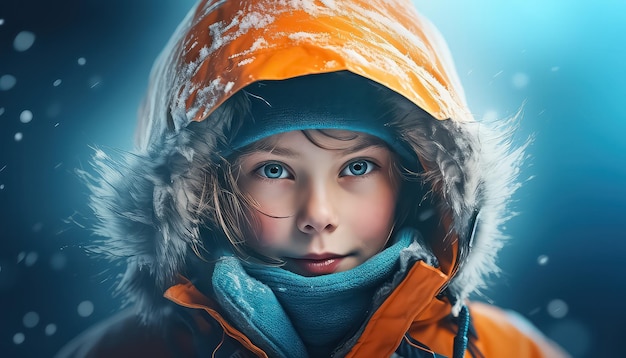 Boy in orange jacket on uniform background