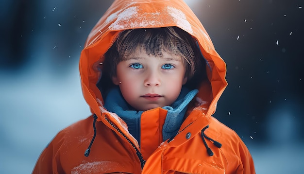 Boy in orange jacket on uniform background