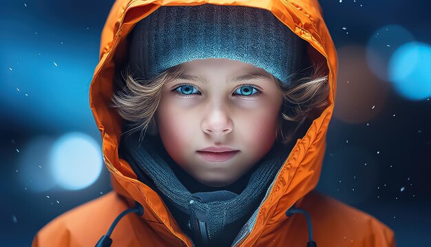 制服の背景にオレンジ色のジャケットを着た少年