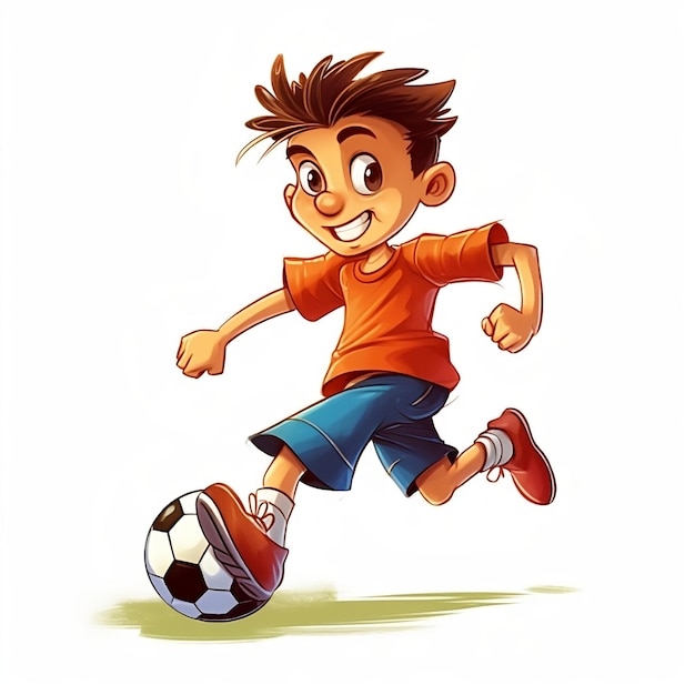 A boy in an orange shirt kicking a soccer ball.