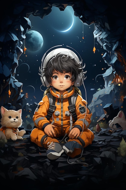 мальчик в оранжевом костюме сидит в темном лесу с кошкой и кошкой