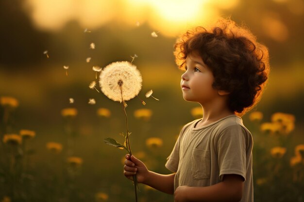 Photo boy outdoor with dandelion